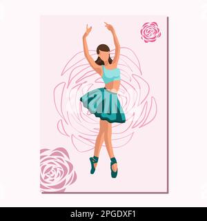 Caucasian white faceless ballet dancer in a green tutu and pointe shoes dancing on a pink poster with flowers. Vector illustration in flat style Stock Vector