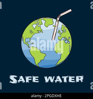 Humanity drinks water from the Earth from straw. Water crisis banner. Safe drinking water. Land dehydration and drought concept. Global warming and cl Stock Vector