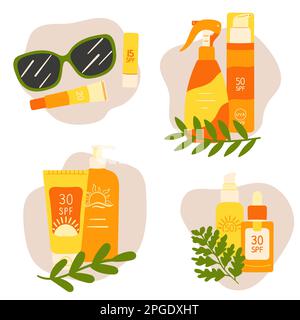 Set of icons with sunscreen cream, lotion, lips balm, sunglasses, leaves and abstract shapes. Sunscreen protection and sun safety. Summer highlights. Stock Vector