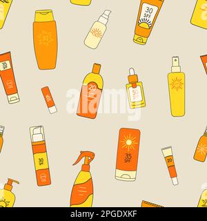 Seamless pattern of sunscreen bottles, tubes, spray. SPF cream, lotion ornament. Sunscreen protection and sun safety. Hand drawn line vector illustrat Stock Vector