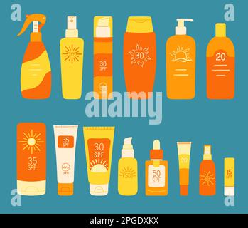 Set of SPF bottles, tubes. Sunscreen protection and sun safety. Sunscreen cream, lotion isolated collection. Protection against UVA, UVB rays. Hand dr Stock Vector