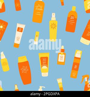 Seamless pattern of sunscreen bottles, tubes, spray. SPF cream, lotion ornament. Sunscreen protection and sun safety. Hand drawn organic vector illust Stock Vector