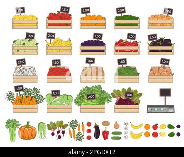 Set of vegetables and fruits in the boxes. Farmer s marker, grocery store, zero waste shop. Local market food, fresh and organic farm products. Hand d Stock Vector