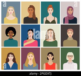 Set of diverse female faces with different ethnics, skin colors, hairstyles. Collection of portraits of women for avatars in social networks, communic Stock Vector