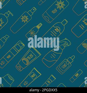 Seamless pattern of sunscreen bottles, tubes, spray. SPF cream, lotion ornament. Sunscreen protection and sun safety. Hand drawn line vector illustrat Stock Vector