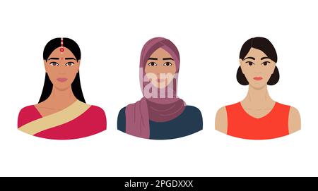 Set of female faces from Regions of Asia with different ethnics, skin colors and hairstyles. Collection of portraits of women for avatars in social ne Stock Vector