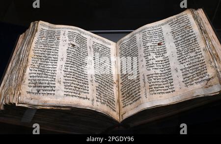 Tel Aviv, Israel. 22nd Mar, 2023. The Codex Sassoon, the earliest, most complete edition of the Hebrew Bible is displayed in the ANU Museum of the Jewish People in Tel Aviv on Wednesday, March 22, 2023. The Bible, believed to be more than 1,000 years old, is set to be sold at the Sotheby's Auction in New York, on May 16 and is estimated to be sale for $30-50 million dollars. The Codex Sassoon hasn't been displayed since 1982 and will be on view in Tel Aviv, March 23-29. Photo by Debbie Hill/ Credit: UPI/Alamy Live News Stock Photo