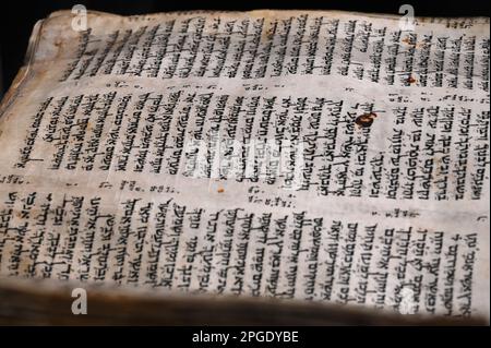 Tel Aviv, Israel. 22nd Mar, 2023. A close-up of a page of the Codex Sassoon, the earliest, most complete edition of the Hebrew Bible is displayed in the ANU Museum of the Jewish People in Tel Aviv on Wednesday, March 22, 2023. The Bible, believed to be more than 1,000 years old, is set to be sold at the Sotheby's Auction in New York, on May 16 and is estimated to be sale for $30-50 million dollars. The Codex Sassoon hasn't been displayed since 1982 and will be on view in Tel Aviv, March 23-29. Photo by Debbie Hill/ Credit: UPI/Alamy Live News Stock Photo