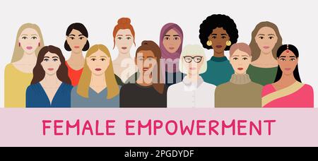Set of diverse female faces with different ethnics, skin colors, hairstyles. Women stay together for female empowerment and go girl poster. Hand drawn Stock Vector