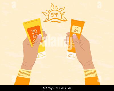 Set of sunscreen bottles, tubes with different SPF from 30 to 50 in female hands. What to choose. Sunscreen protection and sun safety. Hand drawn orga Stock Vector