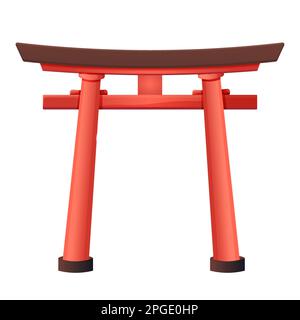 Torii japan arch gate, entrance with wooden columns in red color in cartoon style isolated on white backround. Vector illustration Stock Vector