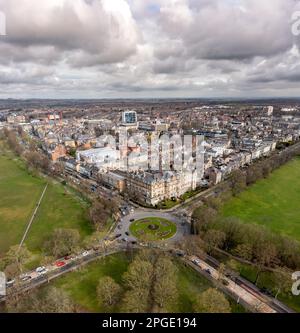 HARROGATE, UK - MARCH 18, 2023.  An aerial cityscape of Harrogate town skyline with The Stray public park and Victorian architecture Stock Photo