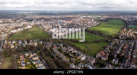 HARROGATE, UK - MARCH 18, 2023.  An aerial cityscape of Harrogate town with The Stray public park and Victorian architecture Stock Photo