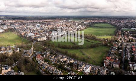 HARROGATE, UK - MARCH 18, 2023.  An aerial cityscape of Harrogate town with The Stray public park and Victorian architecture Stock Photo