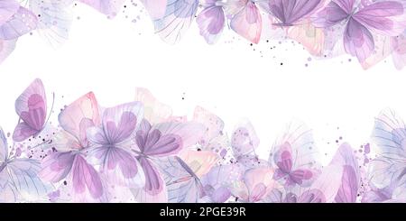 Pink, lilac and blue butterflies, gentle, airy, flying. Watercolor illustration. Seamless border on a white background. For decoration and design of Stock Photo