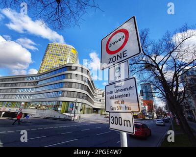 Munich, Bavaria, Germany. 22nd Mar, 2023. Signs near the Munich middle ring road indicating the regulations for diesel vehicles past that point. Due to worsening air quality, particularly high NOx levels, diesel vehicles have been banned in the green environmental zones of Munich unless with Euro 6 certification. The current exceptions allow for delivery vehicles and residents of the zone with Euro 5 and 6 which is set to end in October when Euro 6 becomes the norm. (Credit Image: © Sachelle Babbar/ZUMA Press Wire) EDITORIAL USAGE ONLY! Not for Commercial USAGE! Stock Photo