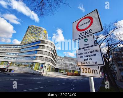 Munich, Bavaria, Germany. 22nd Mar, 2023. Signs near the Munich middle ring road indicating the regulations for diesel vehicles past that point. Due to worsening air quality, particularly high NOx levels, diesel vehicles have been banned in the green environmental zones of Munich unless with Euro 6 certification. The current exceptions allow for delivery vehicles and residents of the zone with Euro 5 and 6 which is set to end in October when Euro 6 becomes the norm. (Credit Image: © Sachelle Babbar/ZUMA Press Wire) EDITORIAL USAGE ONLY! Not for Commercial USAGE! Stock Photo