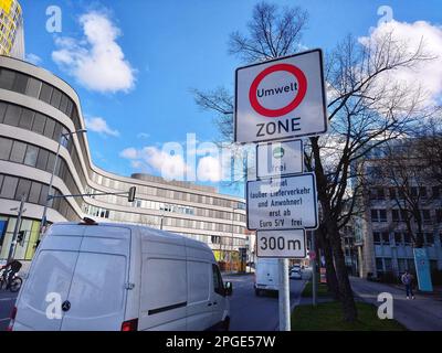 Munich, Bavaria, Germany. 22nd Mar, 2023. Signs near the Munich middle ring road indicating the regulations for diesel vehicles past that point. Due to worsening air quality, particularly high NOx levels, diesel vehicles have been banned in the green environmental zones of Munich unless with Euro 6 certification. The current exceptions allow for delivery vehicles and residents of the zone with Euro 5 and 6 which is set to end in October when Euro 6 becomes the norm. (Credit Image: © Sachelle Babbar/ZUMA Press Wire) EDITORIAL USAGE ONLY! Not for Commercial USAGE! Stock Photo