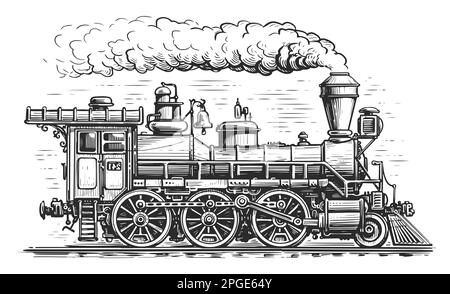 Vintage Locomotive transport. Retro steam train. Hand drawn sketch illustration in style of old engraving Stock Photo