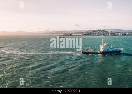 Dalkey, co. Dublin / Ireland: Aerial view of ILV Granuaile Buoy Lighthouse Vessel operating in Dublin Buy on Irish Sea around Dalkey Stock Photo