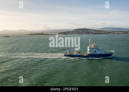 Dalkey, co. Dublin / Ireland: Aerial view of ILV Granuaile Buoy Lighthouse Vessel operating in Dublin Buy on Irish Sea around Dalkey Stock Photo