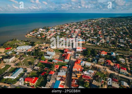 Aerial photos of the coastal town of Dangrig in the Stann Creek District of Belize. Stock Photo