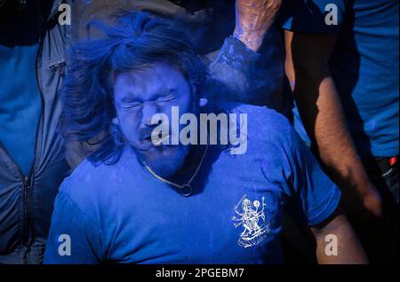 Kathmandu, Bagmati, Nepal. 22nd Mar, 2023. A man with coloured face participates during the chariot festival at Ason in Kathmandu, Nepal on March 22, 2023. The festival is celebrated every year by Newar community a day after Ghodejatra to conclude the three-day long 'Pahan Chahre' festival, which is one of the religious festivals of Nepal celebrated with particular fervor in Kathmandu. (Credit Image: © Sunil Sharma/ZUMA Press Wire) EDITORIAL USAGE ONLY! Not for Commercial USAGE! Stock Photo