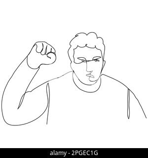 Curly-haired angry man with a protest look and a raised fist drawn in one line on a white back. Stock illustration of a protesting worker with a menac Stock Vector
