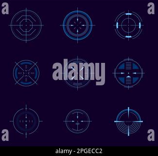 Futuristic aim pointer. Circle HUD user interface element, weapon collimator round aim, digital focus UI game asset. Vector accuracy symbols isolated Stock Vector