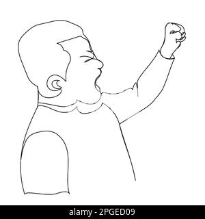 Hysterically screaming boy drawn in continuous line on a white background. Stock illustration with an outline of a protester guy on a street protest. Stock Vector