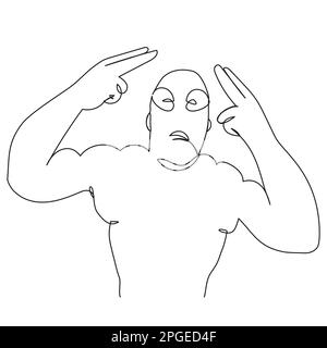 A sporty guy with big muscles shows his fingers a gesture of two pistols. A man in a balaclava at a protest drawn with a single continuous line. Vecto Stock Vector