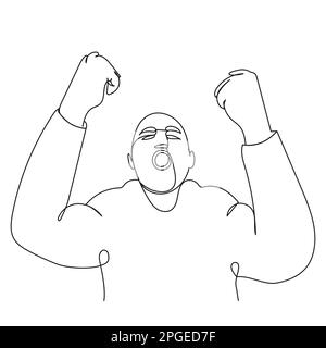 An unbalanced bald man with a crazy look and raised fists drawn in one continuous line. Stock image with street criminal, gangster, protester, madman. Stock Vector