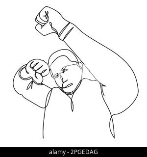Man in a fighting stance in a continuous line on a white background. An elderly martial artist. Vector fighter. Stock Vector
