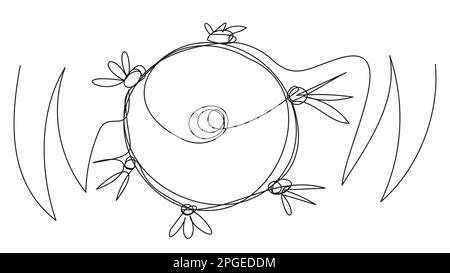 Illustration with a tambourine in one line on a white back Stock Vector