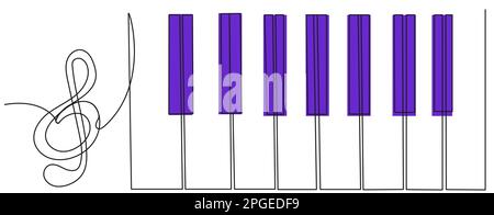 Treble clef and piano keys in one line with purple silhouette on white isolate. Stock Vector