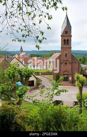 Lichtenberg in the Grand Est region, France, village with church from above Stock Photo