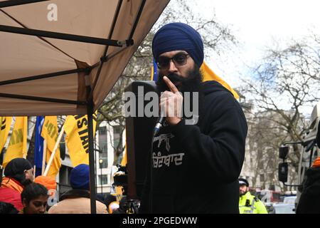 India Embassy, London, UK. 22 March 2023. Sikhs and Panjabans protest Modi regime in response to mass arrests, state wide internet bans, and concerns of torture and arbitrary detention of more Sikhs and Panjabans. India is the biggest violation of democracy, human right and freedom in the world. Democracy is dead everywhere in the world is violent and oppressing minority and massacre. Across the globe, democracy is the most violent form of corruption. A nation labeled democratic is the greatest violation of human rights and freedom. In fact, all the west, war is created by lies, false news an Stock Photo