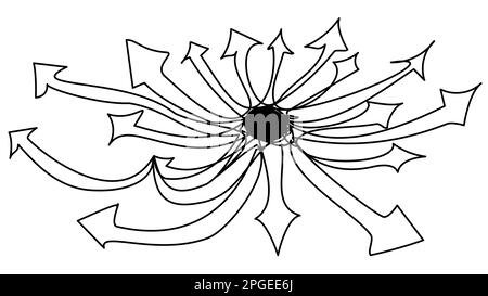 Doodle arrows outgoing from the center in one line on a white background. Stock Vector