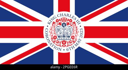 United Kingdom, year 2023, official emblem of the Charles Third Coronation on the british flag, UK, vector illustration Stock Photo