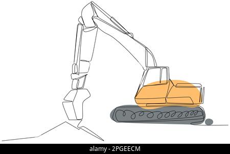 One line excavator with an orange-gray spot on a white background. Stock Vector