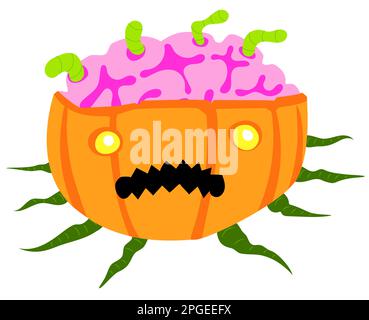 Zombie pumpkin with a brain inside eating worms on a white background. Stock Vector
