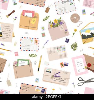 Seamless pattern of mails, envelopes, letters, postcards, postage stamps and stationery. Concept of sending letter of love and friendship. Top view. H Stock Vector