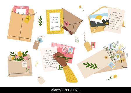 Flat lay illustration of envelopes, letters, postage stamps, stationery and black female hand writing mail. Workspace and table top view. Hand drawn v Stock Vector