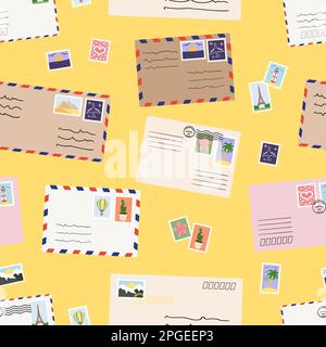 Seamless pattern of mails, envelopes and postage stamps. Concept of correspondence with friends and business. Hand drawn vector illustration. Stock Vector