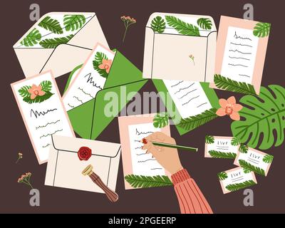 Flat lay illustration of wedding invitations, envelopes, stationery and tan female hand writing mail. Workspace and table top view. Hand drawn vector Stock Vector