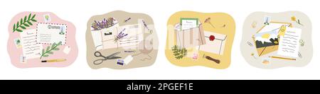 Set of illustration of mails, envelopes, letters, postcards, postage stamps and stationery. Concept of sending letter of love and friendship. Top view Stock Vector