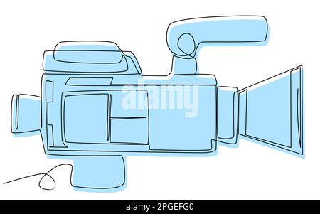 Movie camera in one line with a blue silhouette on a white background. Stock Vector