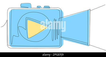 One line stylized movie camera with play sign on white isolate.  Stock Vector