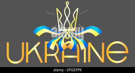 Gold lettering Ukraine with Trident and blue-yellow flag.  Stock Vector