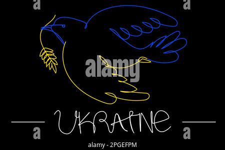 Peace dove with blue-yellow lines on a black background. Stock Vector